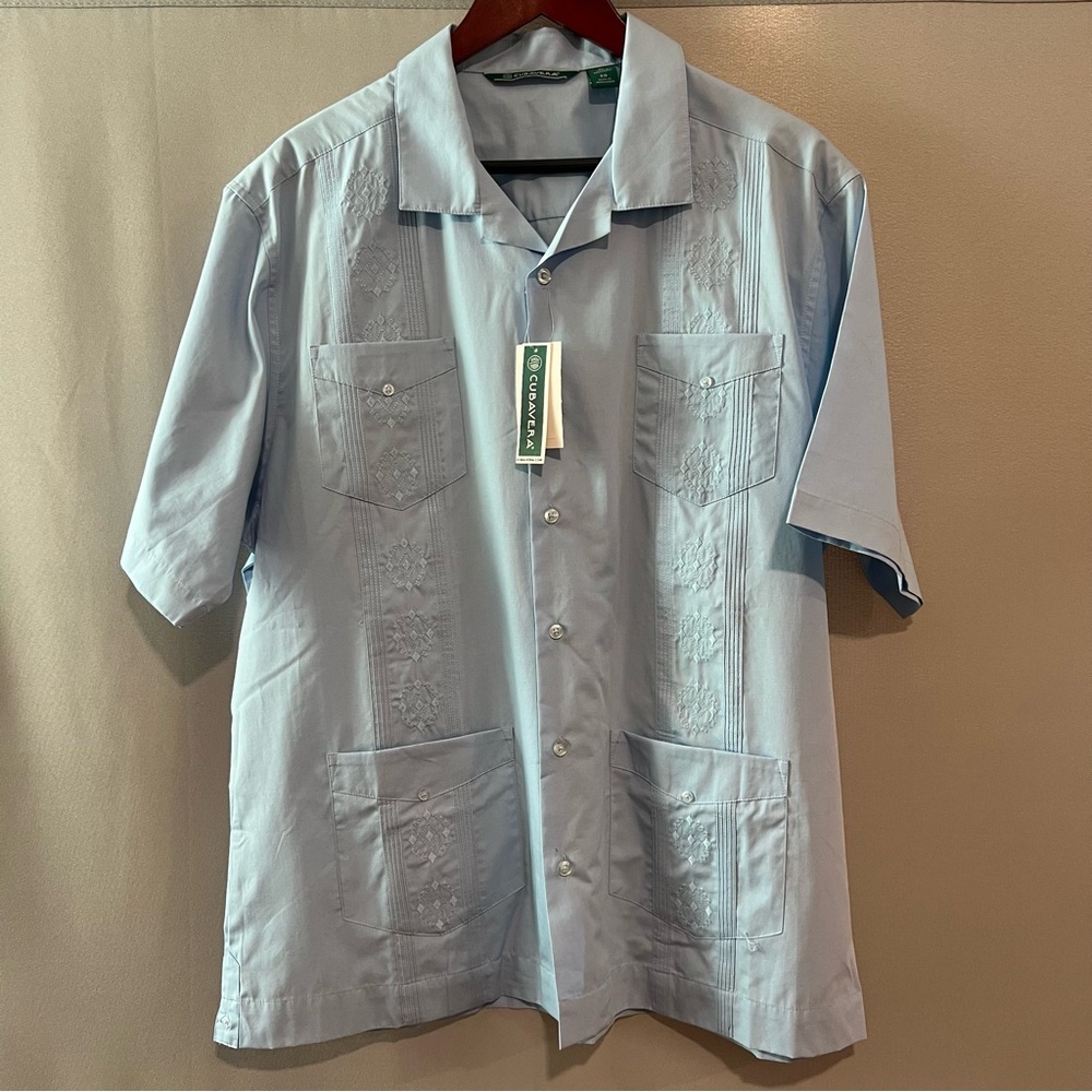 NWT Cubavera Blue Bell Embroidered 4-Pocket Guayabera Shirt - XL